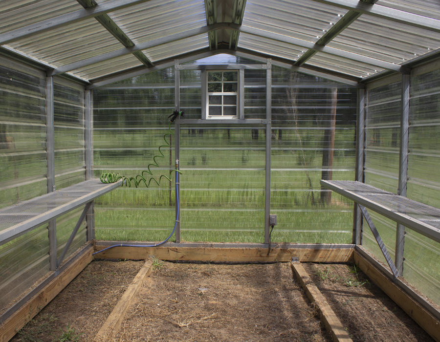 Village Barns - greenhouse with window and shelves